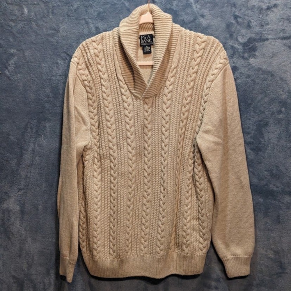 Jos. A. Bank Mens Tan Cable Knit Shawl Collar Cotton Pullover Sweater XL
